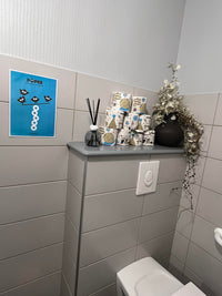 Rouleaux Popee illustrés et affiche de la marque, toilettes carrelées.
