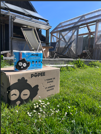 Pack Popee sur carton dans jardin, écologue avec serre en bois.