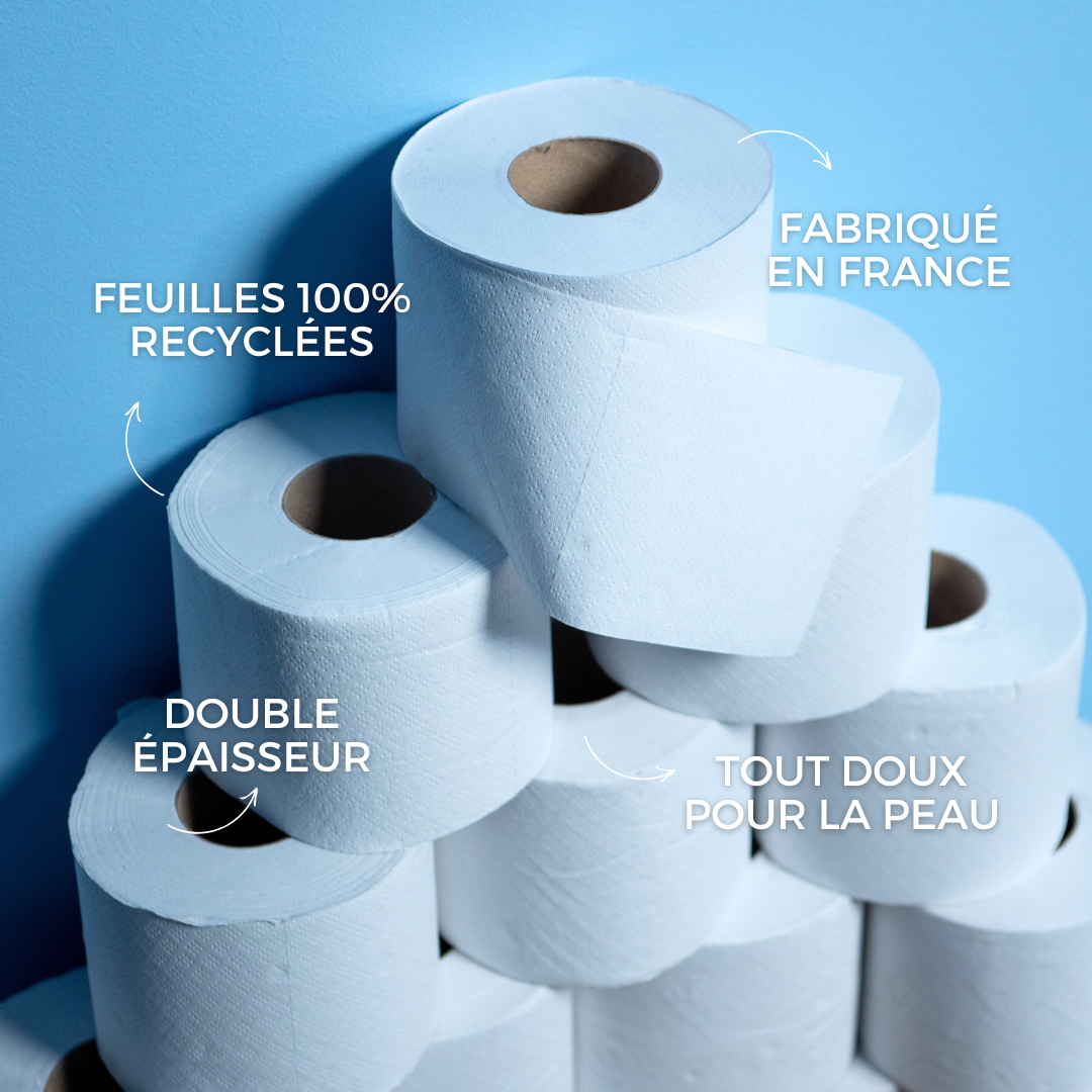 Rouleaux de papier toilette compact Popee empilés, avec pictogrammes double épaisseur, recyclé et fabriqué en France.