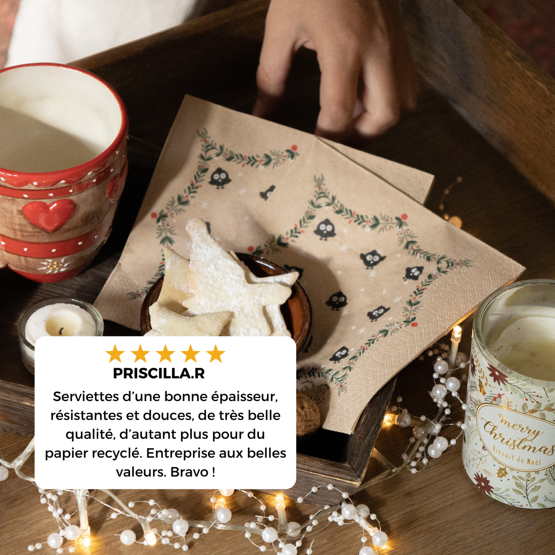 Avis client 5 étoiles sur les serviettes POPEE : épaisses, résistantes, douces et écologiques.