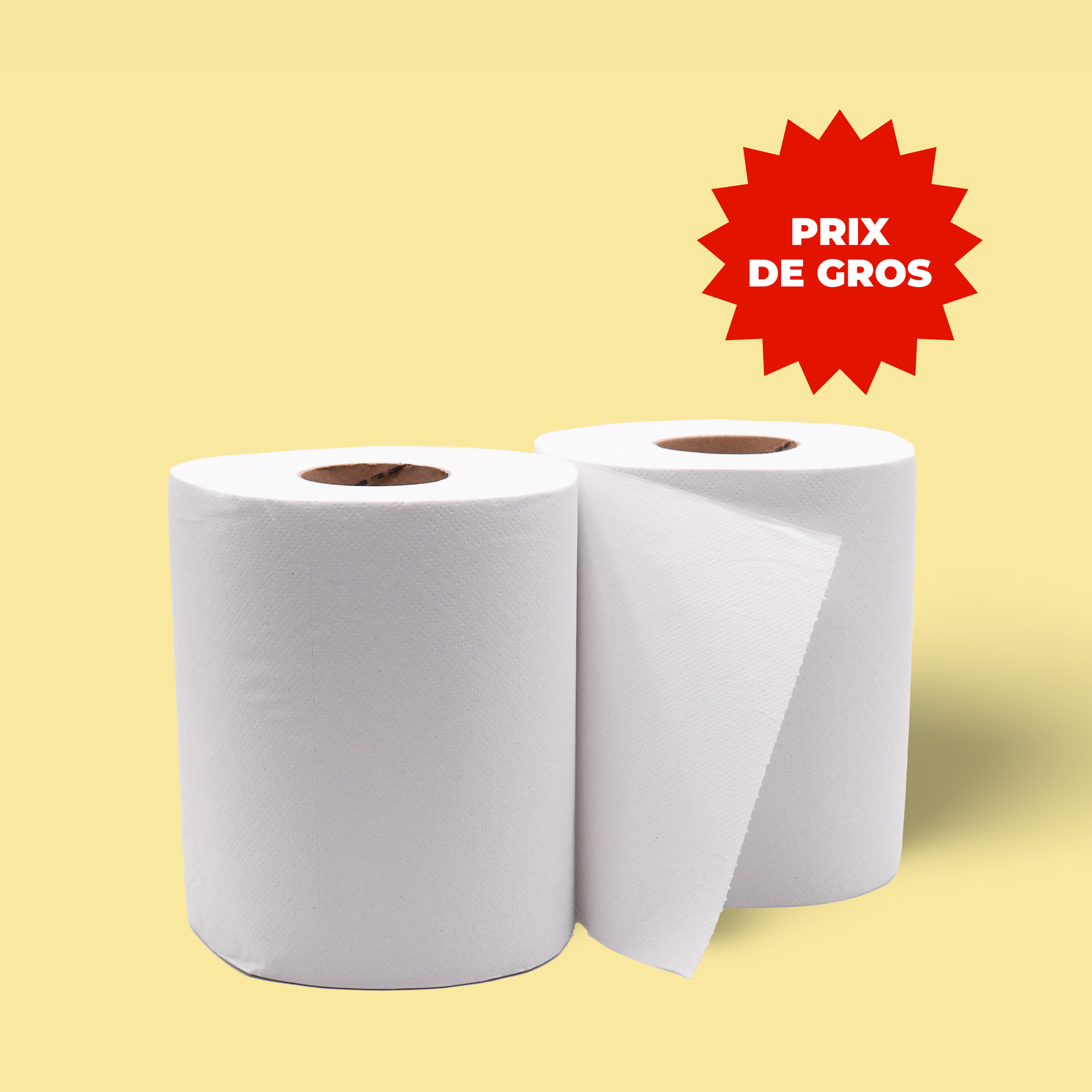 Deux bobines d’essuyage autocut Popee en papier recyclé, sans prédécoupe, à prix de gros.