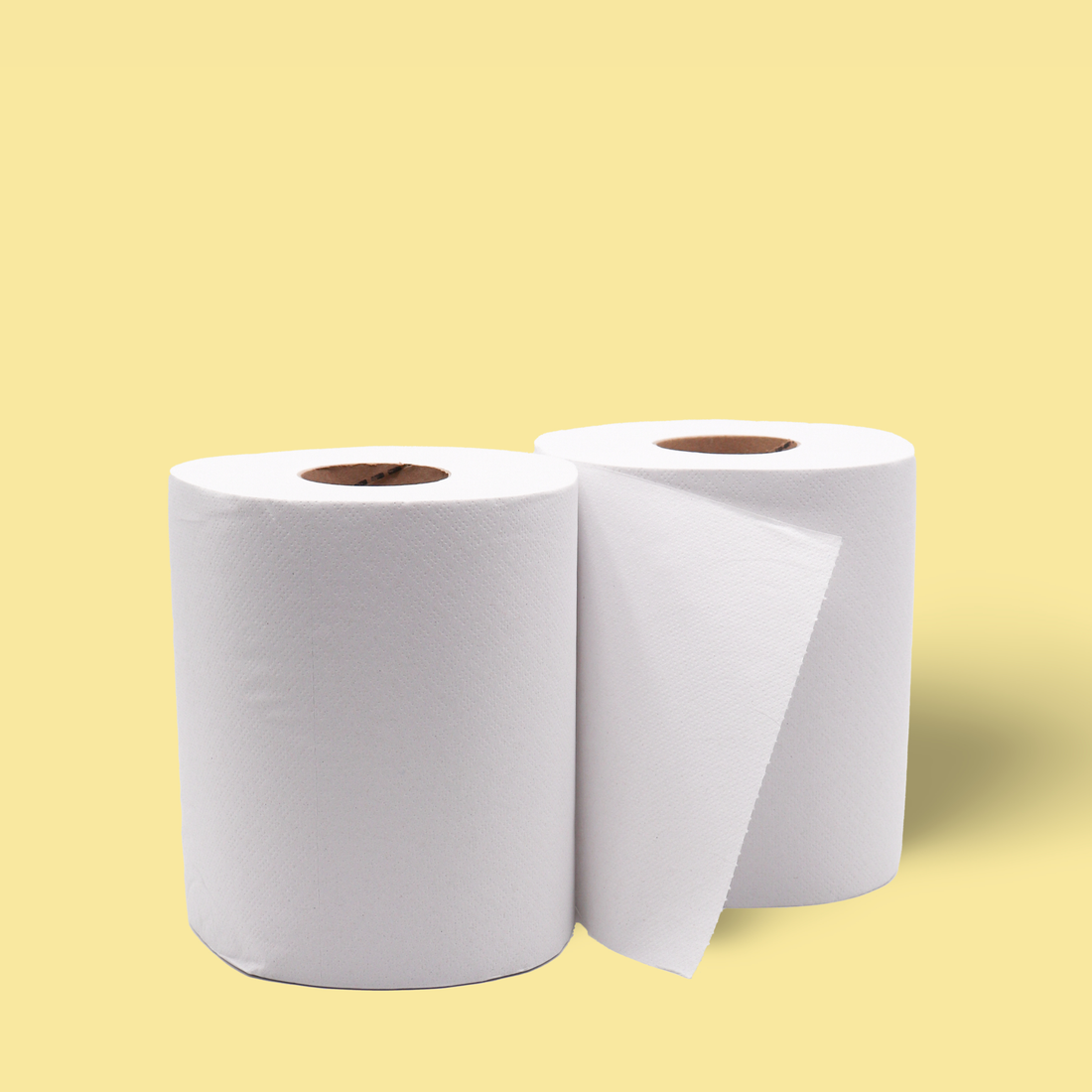 Deux bobines d’essuyage autocut Popee en papier recyclé, sans prédécoupe, à prix de gros.