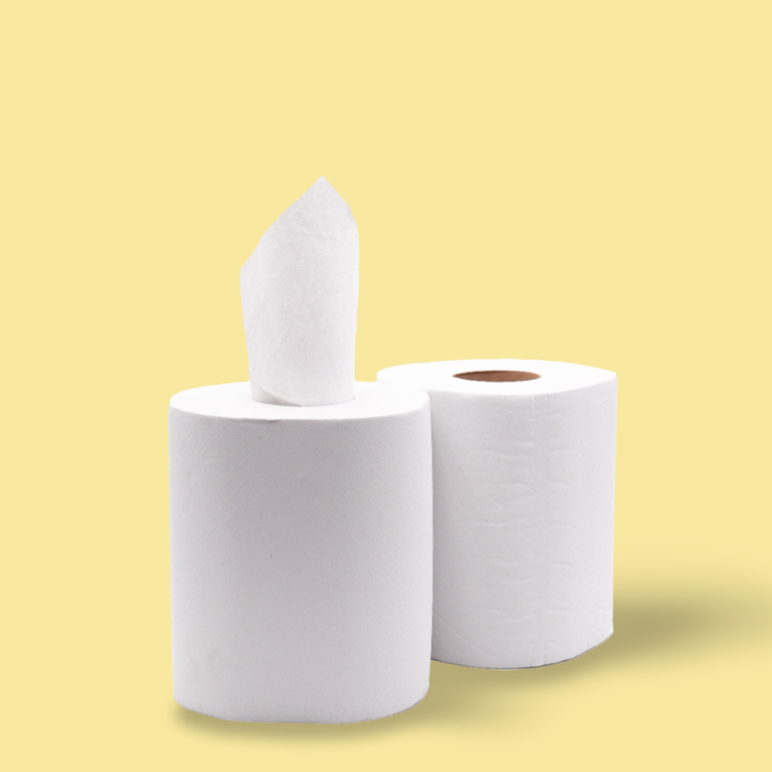 Deux bobines de papier blanc recyclé Popee avec un pictogramme « prix de gros » sur fond jaune.