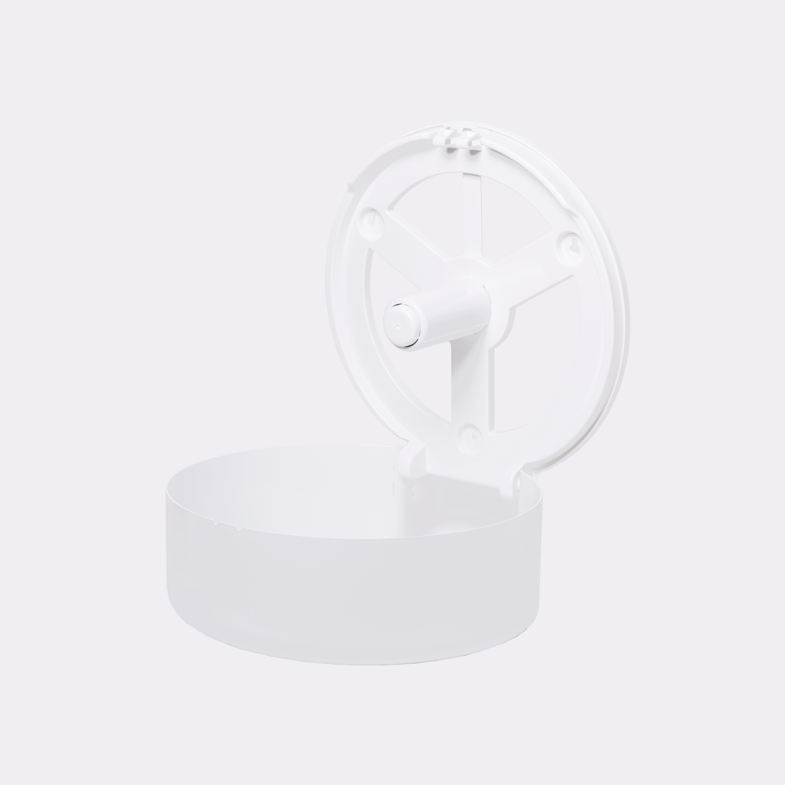 Vue intérieure du distributeur de papier toilette Popee ouvert – support de rouleau et mécanisme de fixation.
