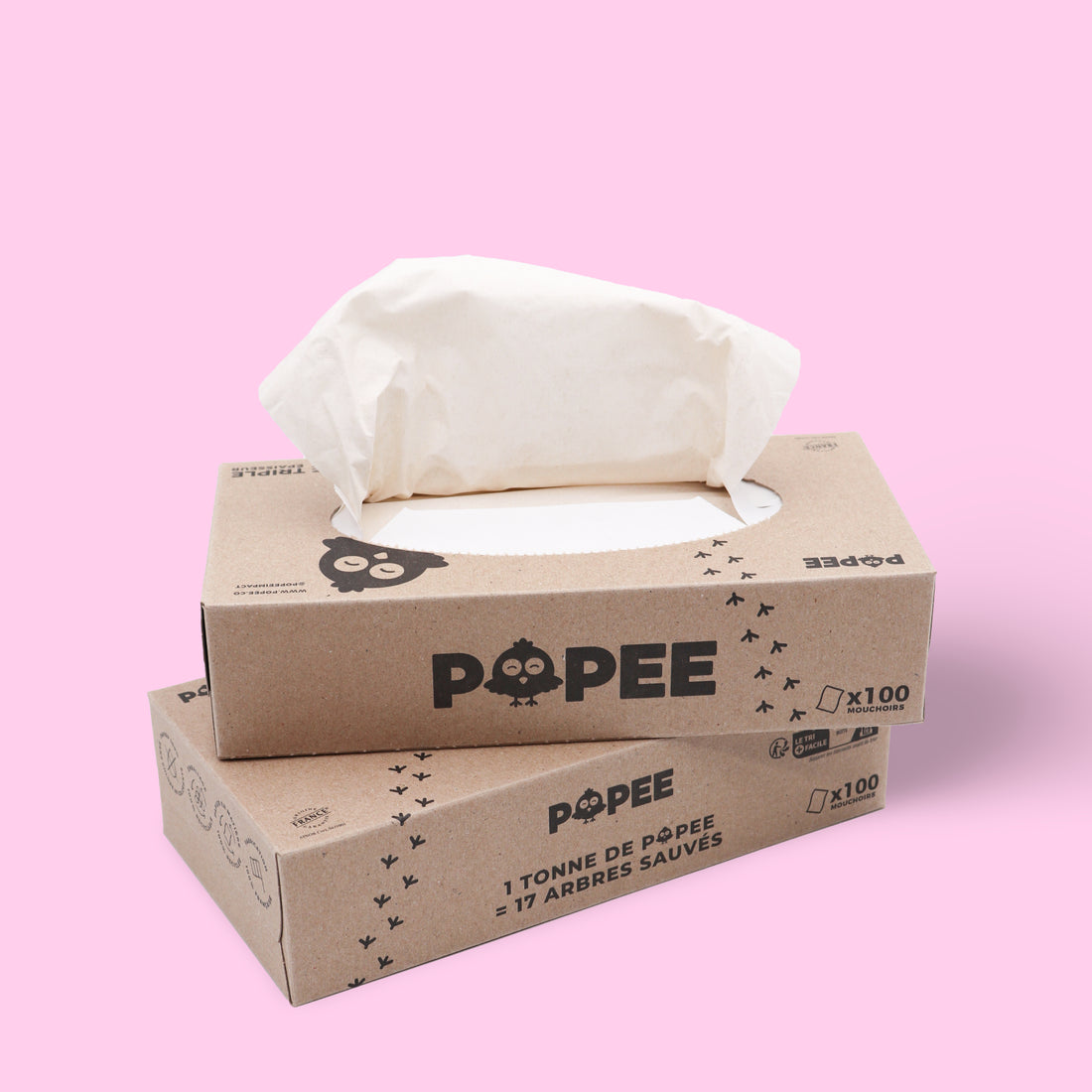 Deux boîtes de mouchoirs Popee en carton recyclé empilées, design sobre avec détails roses.