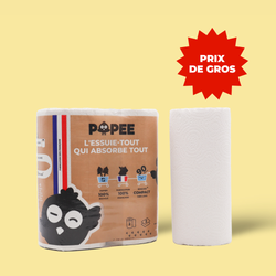 Lot de 2 rouleaux d’essuie-tout POPEE en papier recyclé, fabriqué en France, avec mention 