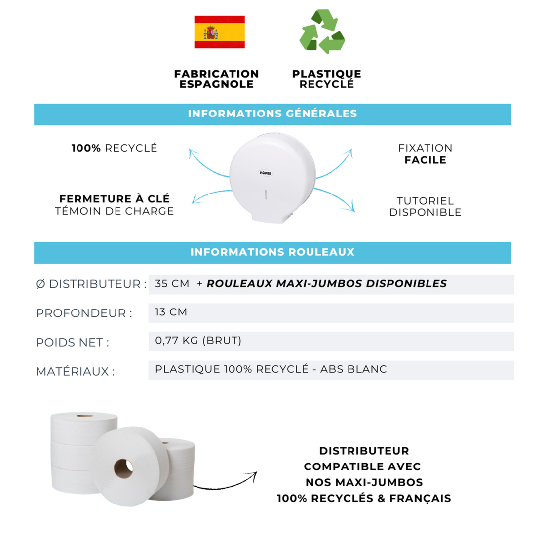 Fiche technique du distributeur Popee compatible avec les rouleaux maxi-jumbos – plastique recyclé et fabrication espagnole.