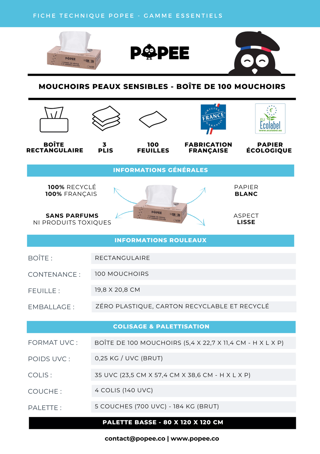 Fiche technique des mouchoirs Popee peaux sensibles : 3 plis, boîte recyclée, 100% français et écologique.