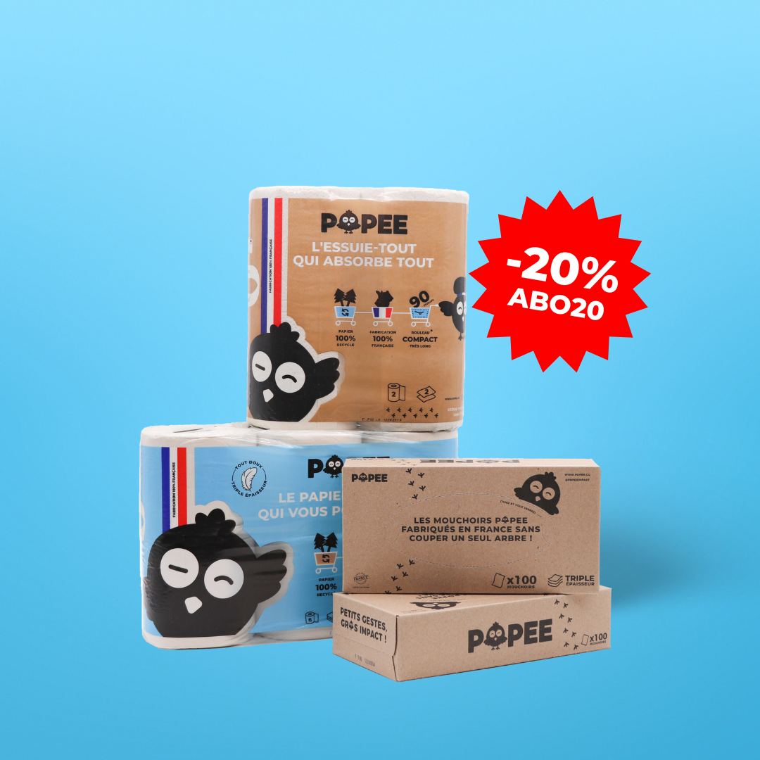 Le kit découverte Popee composé de papier toilette, essuie-tout et mouchoirs recyclés, sur fond bleu avec une pastille rouge et une promotion de 20%.