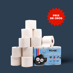 Rouleaux de papier toilette recyclé Popee empilés en pyramide, offre en gros pour les familles ou bureaux.