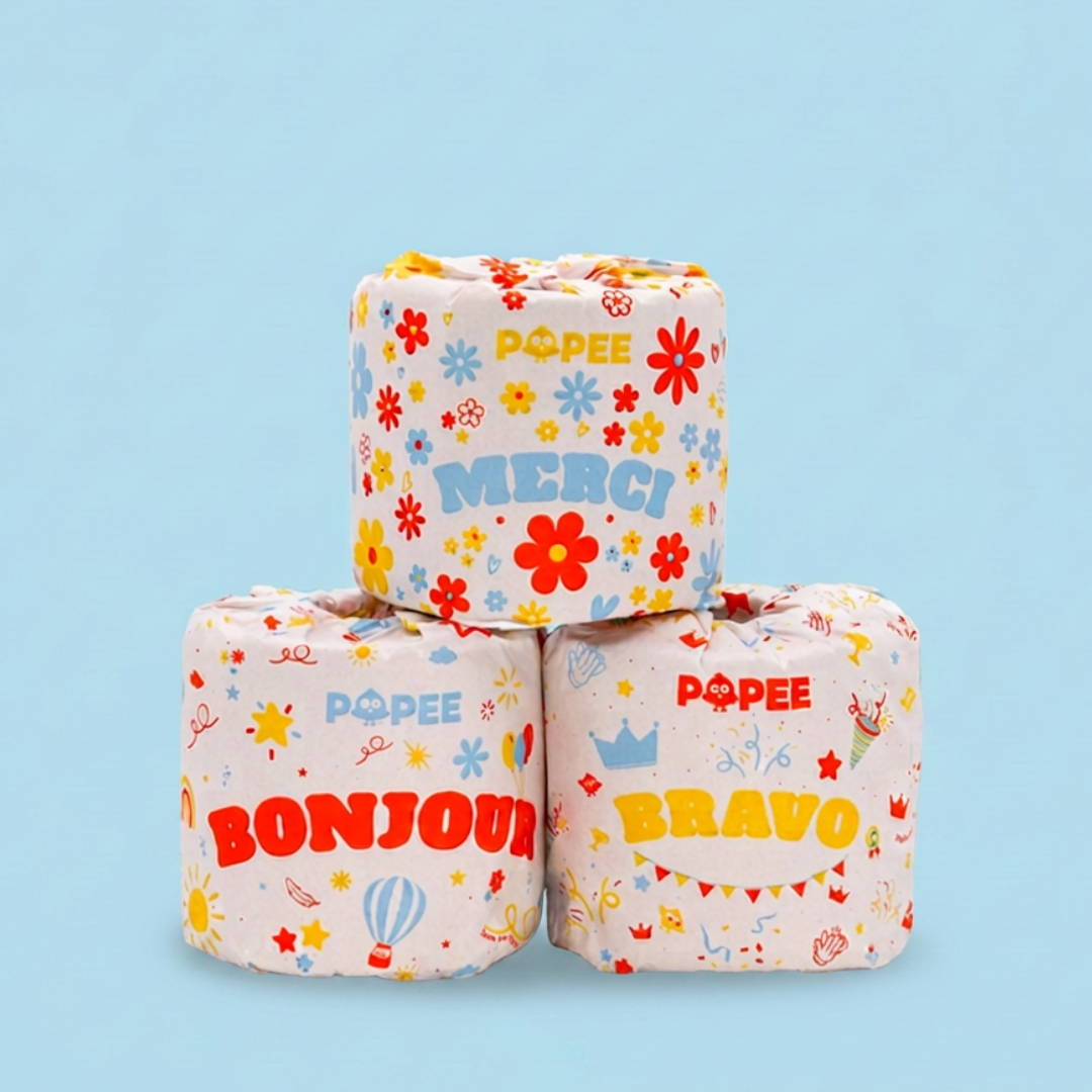 3 rouleaux merci, bonjour, bravo, pyramide, bleu clair